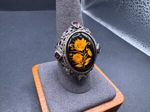 Vintage NT Baltic Amber Carved Flower Rose Sterling Silver 925 Ring Sz 10